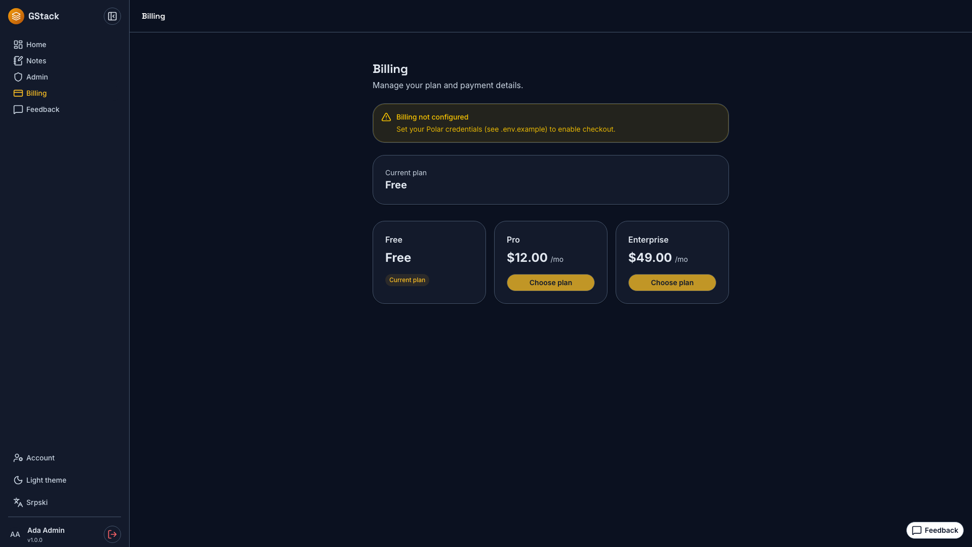 Billing — GStack, dark theme
