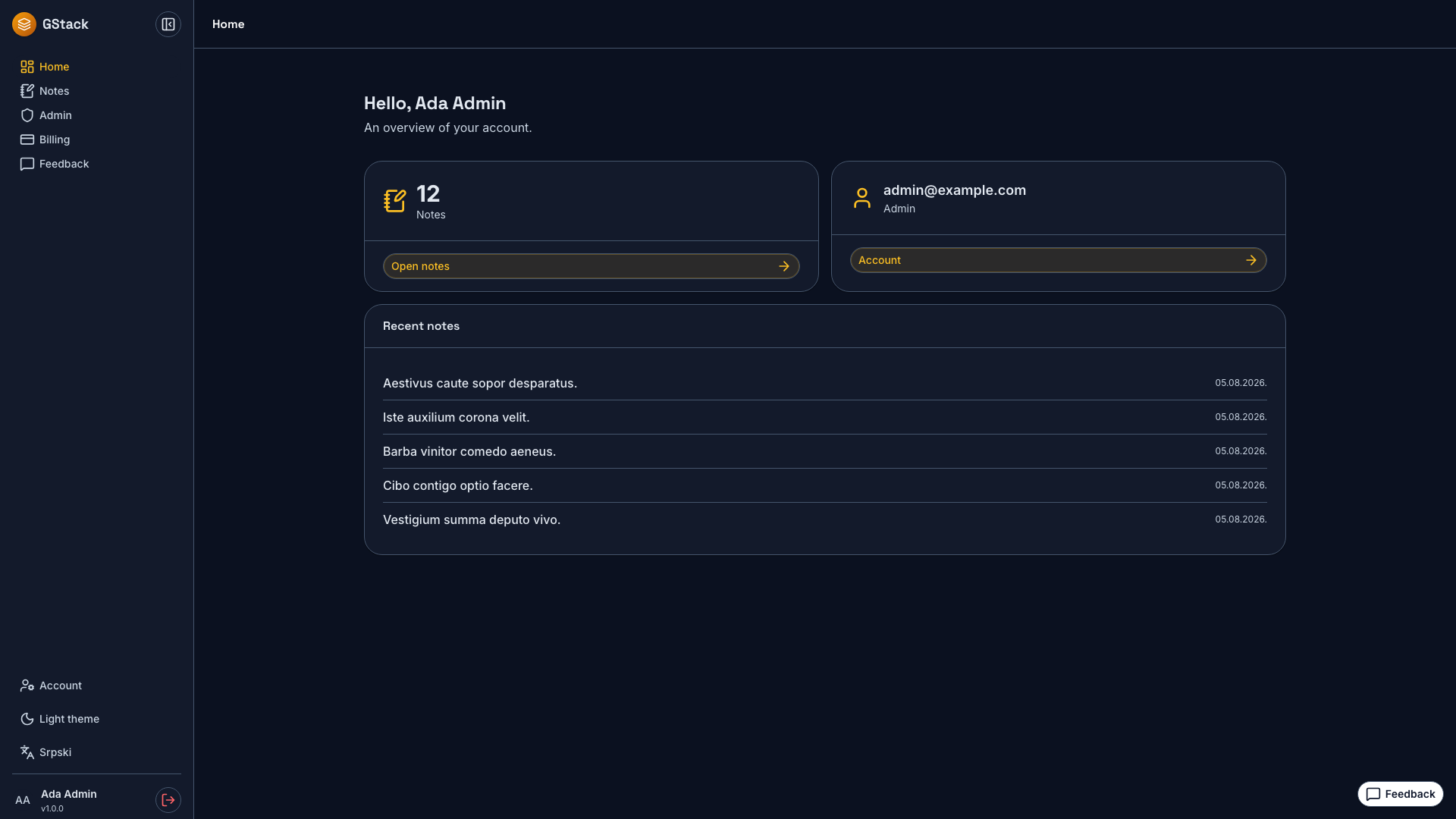 Dashboard — GStack, dark theme